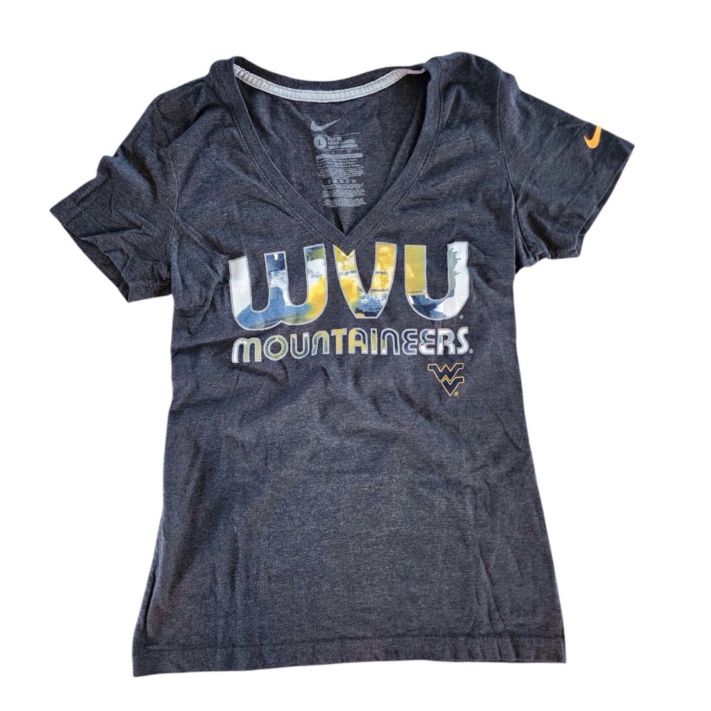 NIKE WVU Mountaineers V-Neck Slim Fit Fitted Tee Ladies Large Short Sleeve Gray